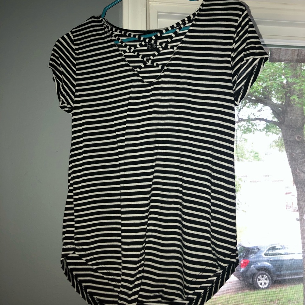 Black and white striped top.